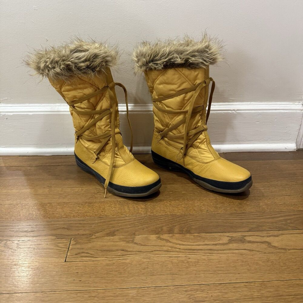 Lands End Yellow Cozy Quilted Lining Tall Snow Winter Boots Fur Top Women Sz 11